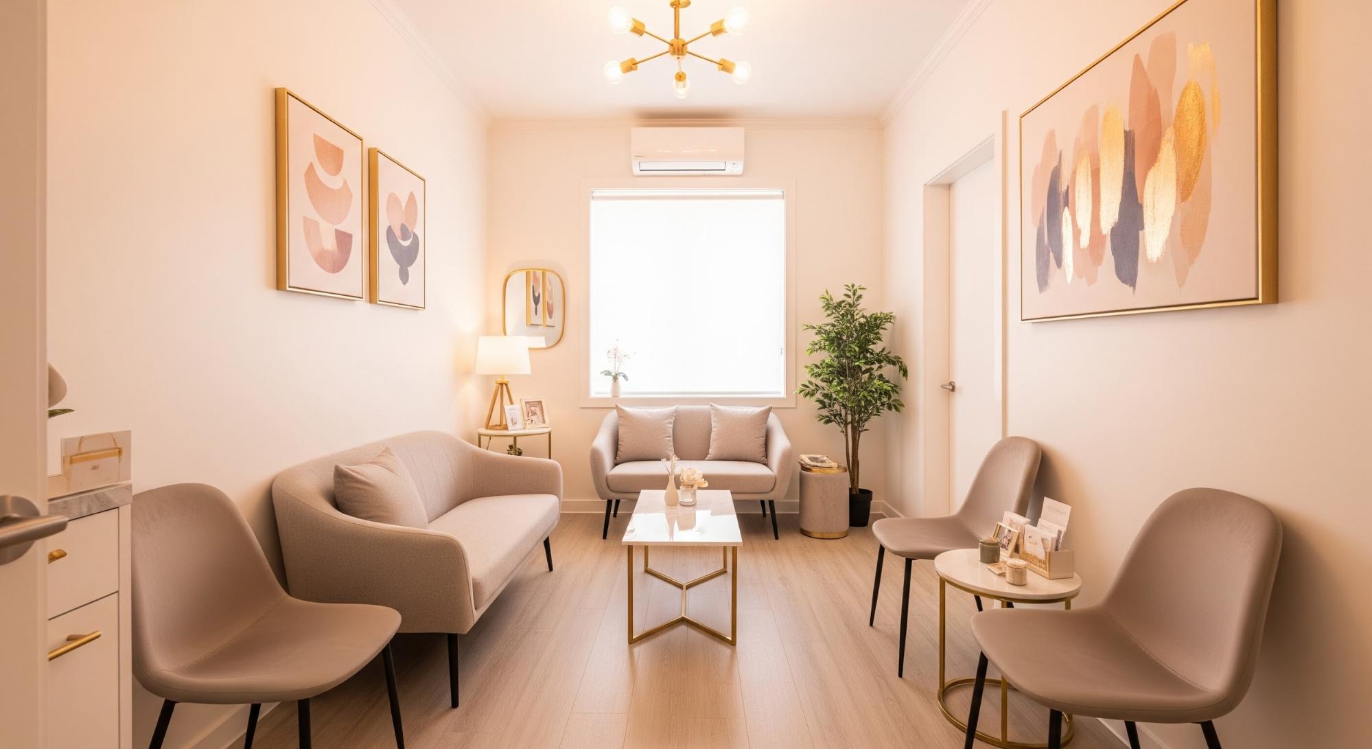 Recepção acolhedora do Studio Magnólia, em tons quentes de terracota e creme
